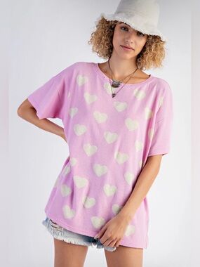 Easel Heart Cotton Blend Distressed Top Pink Short Sleeve T-Shirt Size 1X EUC